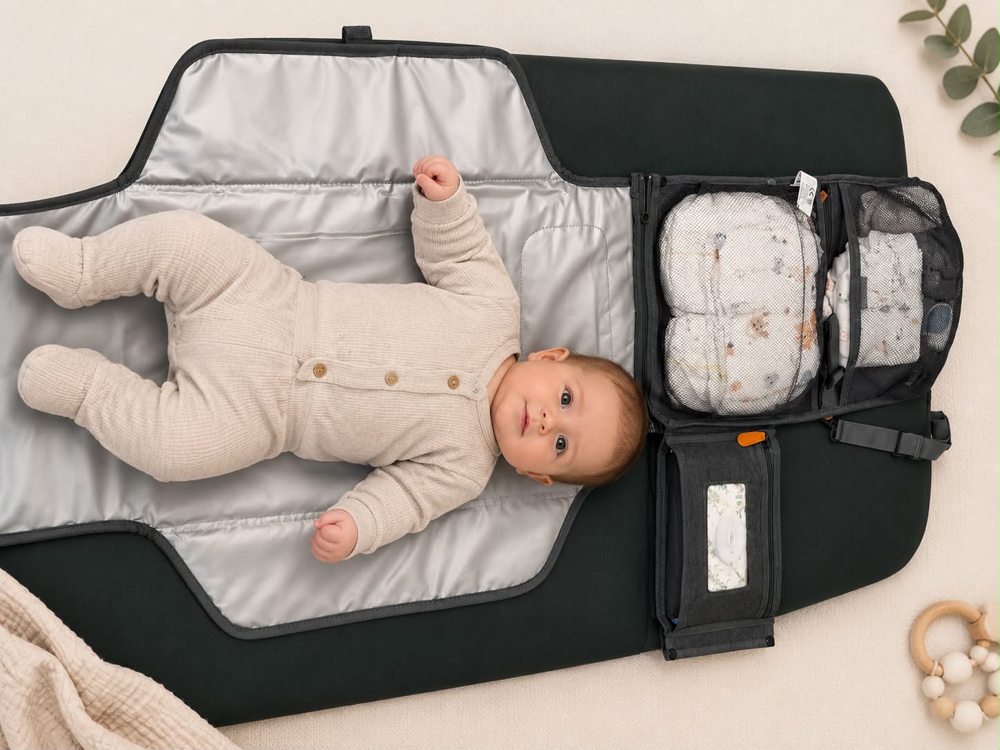 Baby liegt entspannt auf der ausgeklappten, gepolsterten Wickelunterlage mit Netzfächern