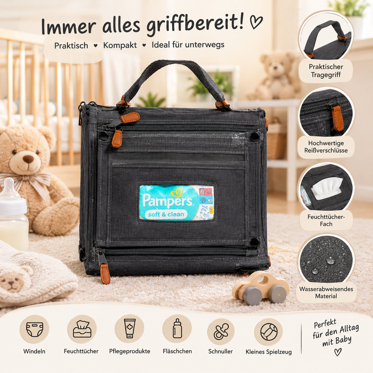 Detailansichten der Wickeltasche: Tragegriff, Reißverschlüsse, Feuchttücher-Fach und wasserabweisendes Material