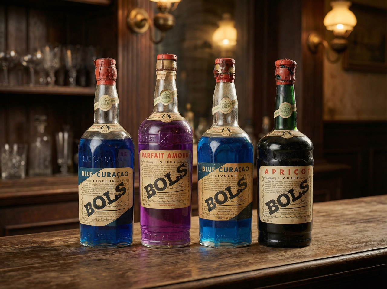 Four vintage Bols liqueur bottles with blue, purple, and dark liquids on a wooden bar counter