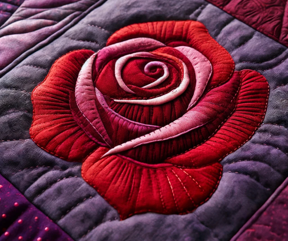 Close-up of a quilted rose design with red petals on a purple background.