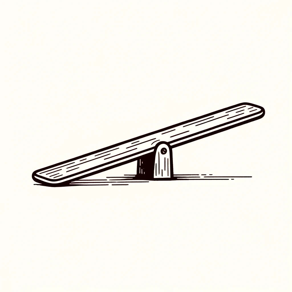 Illustration of a wooden seesaw with a simple design, resting on a pivot in the middle.