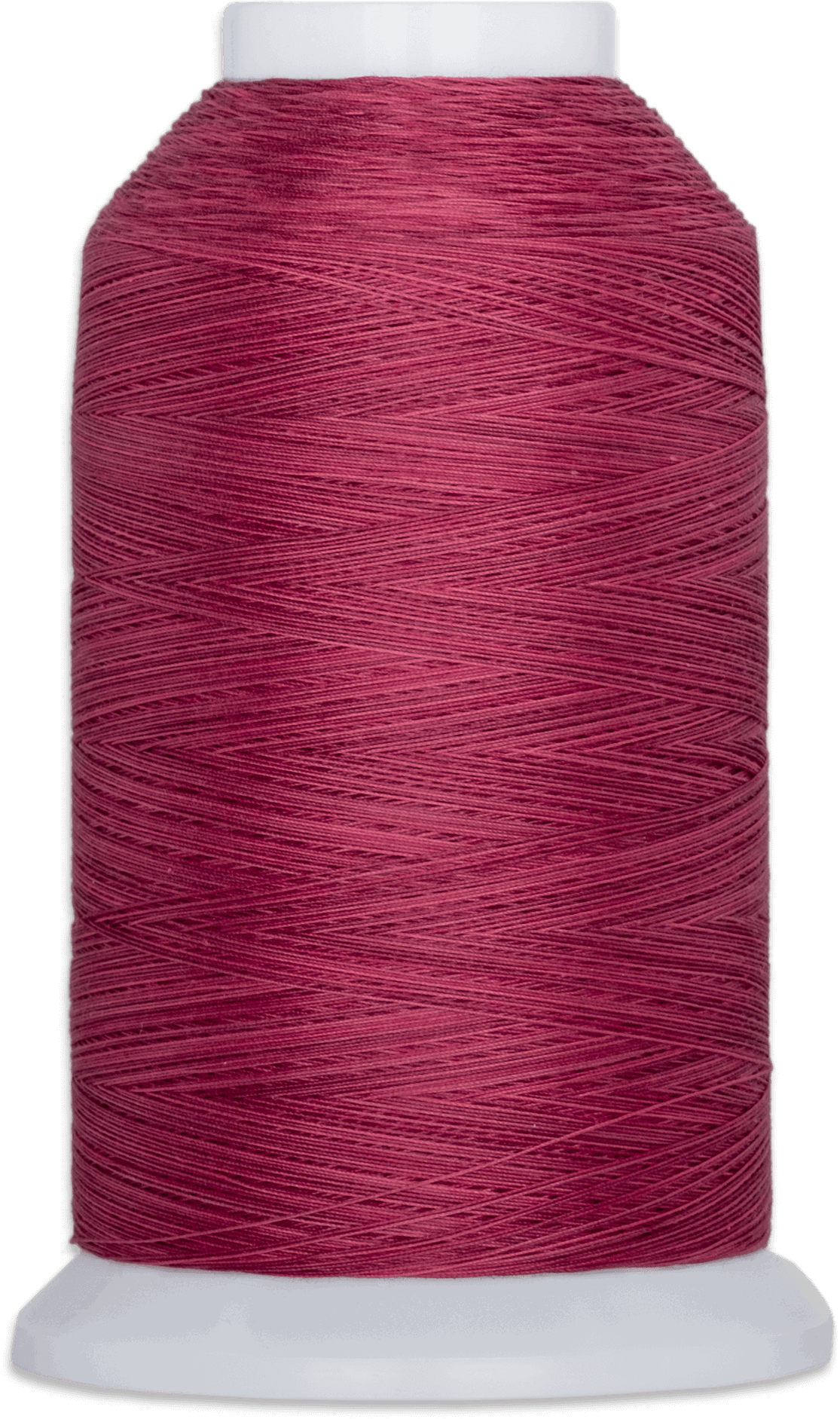 A cone of dark red thread on a white plastic base, shown against a plain background.