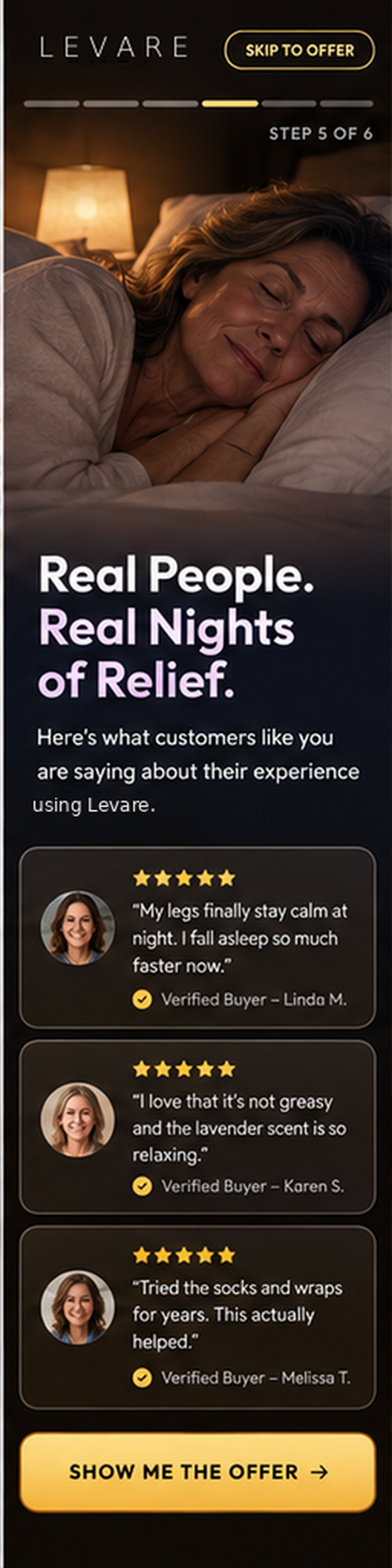 A woman sleeping peacefully in bed with a soft smile beside a glowing bedside lamp