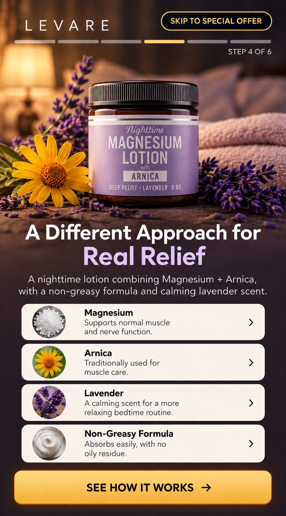 A jar of Levare Nighttime Magnesium Lotion with Arnica on a nightstand beside fresh lavender and a yellow arnica flower