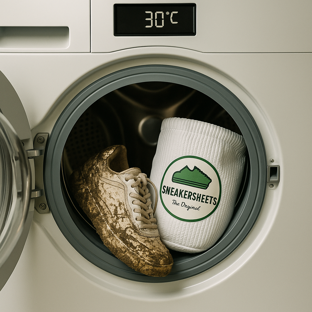 Muddy sneaker and SneakerSheets bag inside a washing machine set to 30°C.