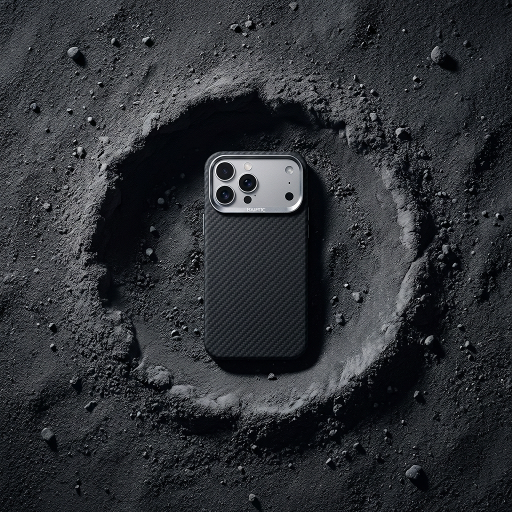 A modern smartphone with a black textured case lying in a circular crater of dark dusty soil with small rocks