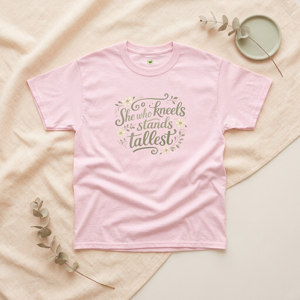 Light pink T-shirt with green floral design and quote ‘She who kneels stands tallest’