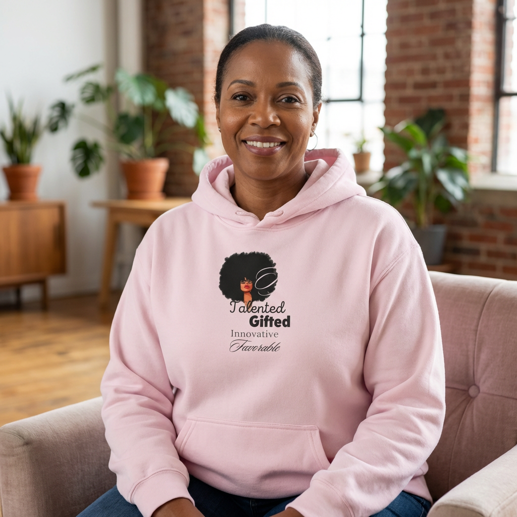 Woman sitting on couch wearing pink hoodie with illustration and positive words