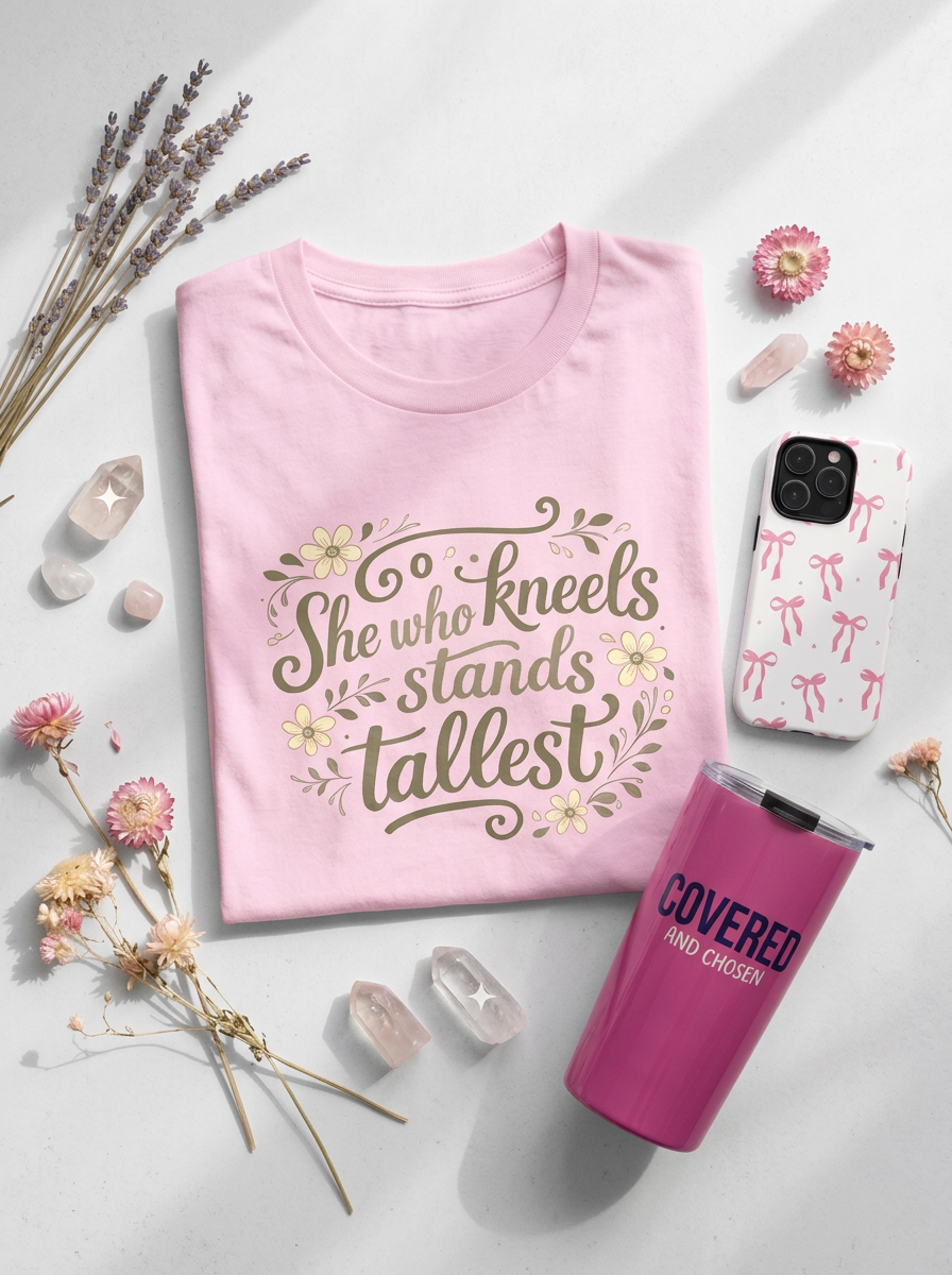 Pink shirt with quote surrounded by flowers, crystals, phone with bow case, and pink tumbler