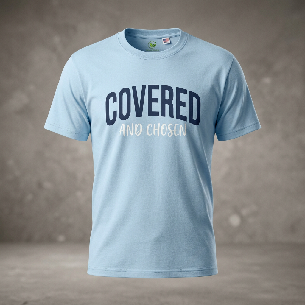 Light blue t-shirt with text 'COVERED AND CHOSEN' printed on the front