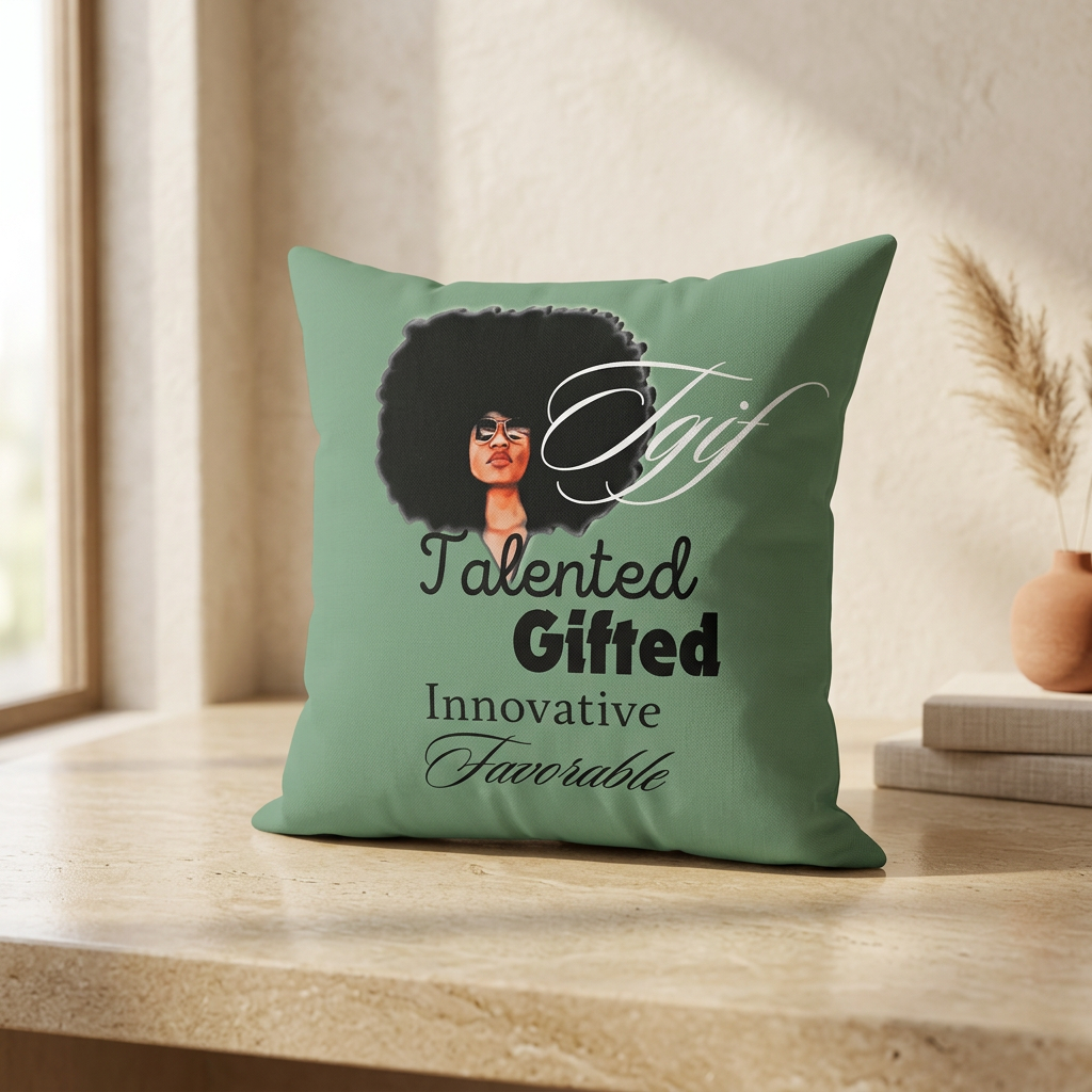 Green pillow featuring an Afro woman illustration and inspirational words like gifted and talented