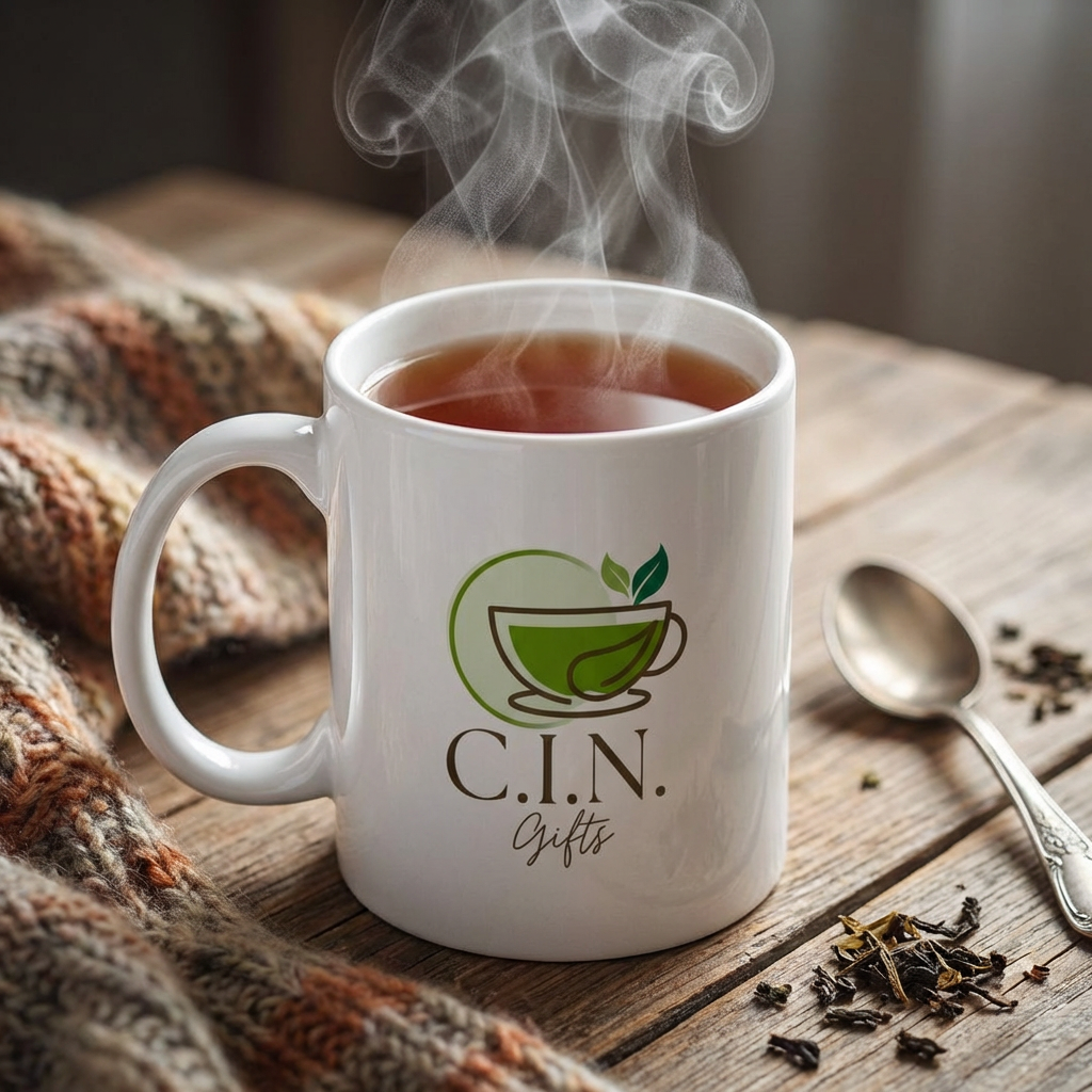 White mug with C.I.N. Gifts logo filled with steaming tea beside a spoon on wooden table