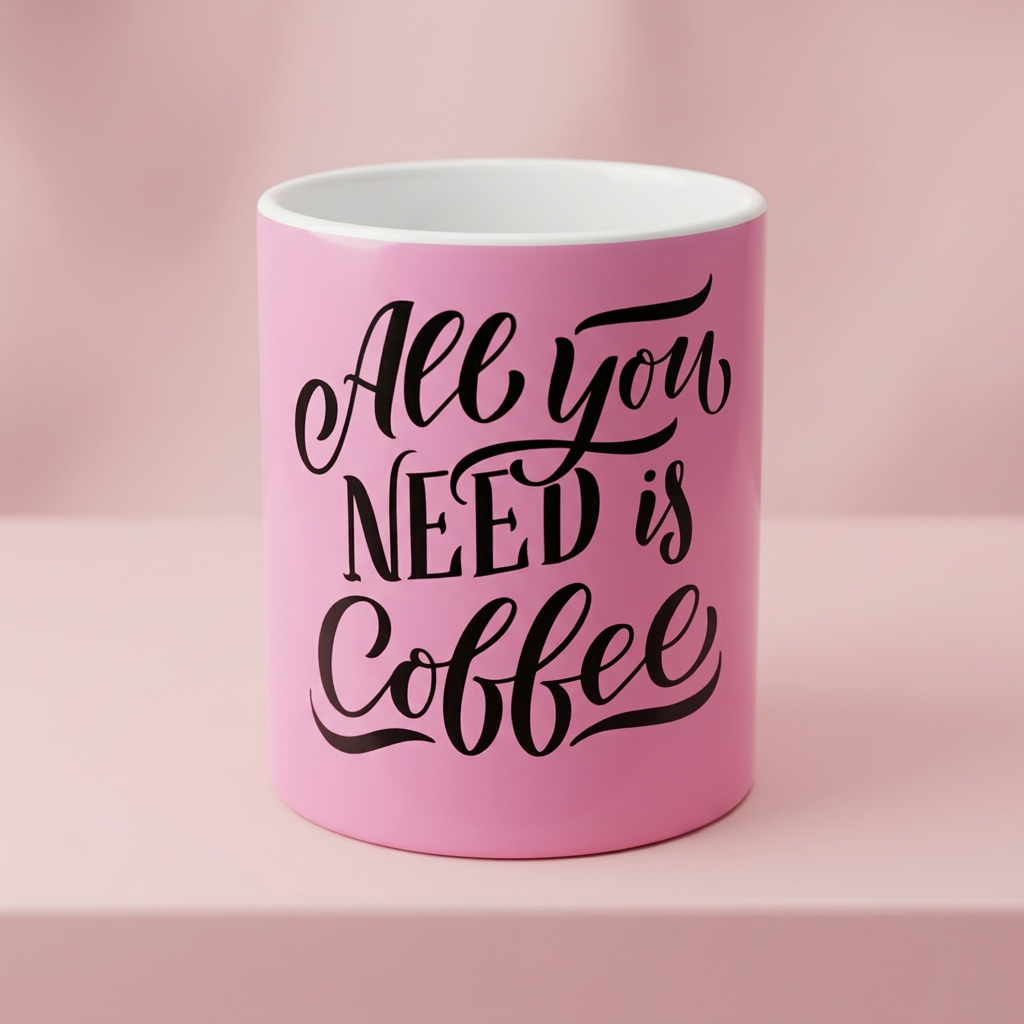 Pink coffee mug with the phrase 'All you need is Coffee' in black cursive font