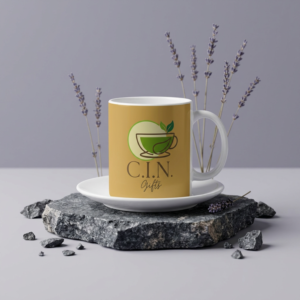 White mug with C.I.N. Gifts logo on a plate, placed on a stone slab with lavender sprigs