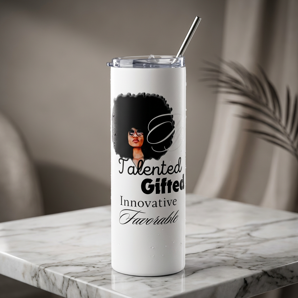 White tumbler with a woman portrait and words: Talented, Gifted, Innovative, Favorable