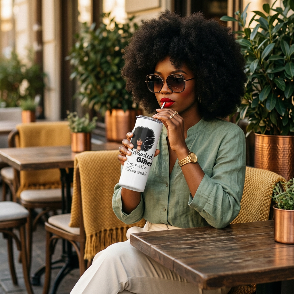 Woman with afro hairstyle wearing sunglasses sipping from a white tumbler with affirmations