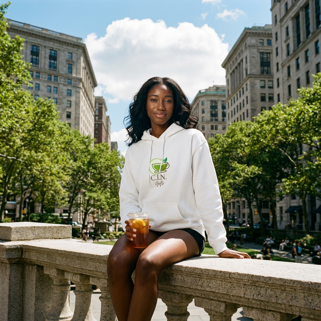 A woman wearing a white hoodie sitting on a stone railing holding a cup of iced drink in a city park