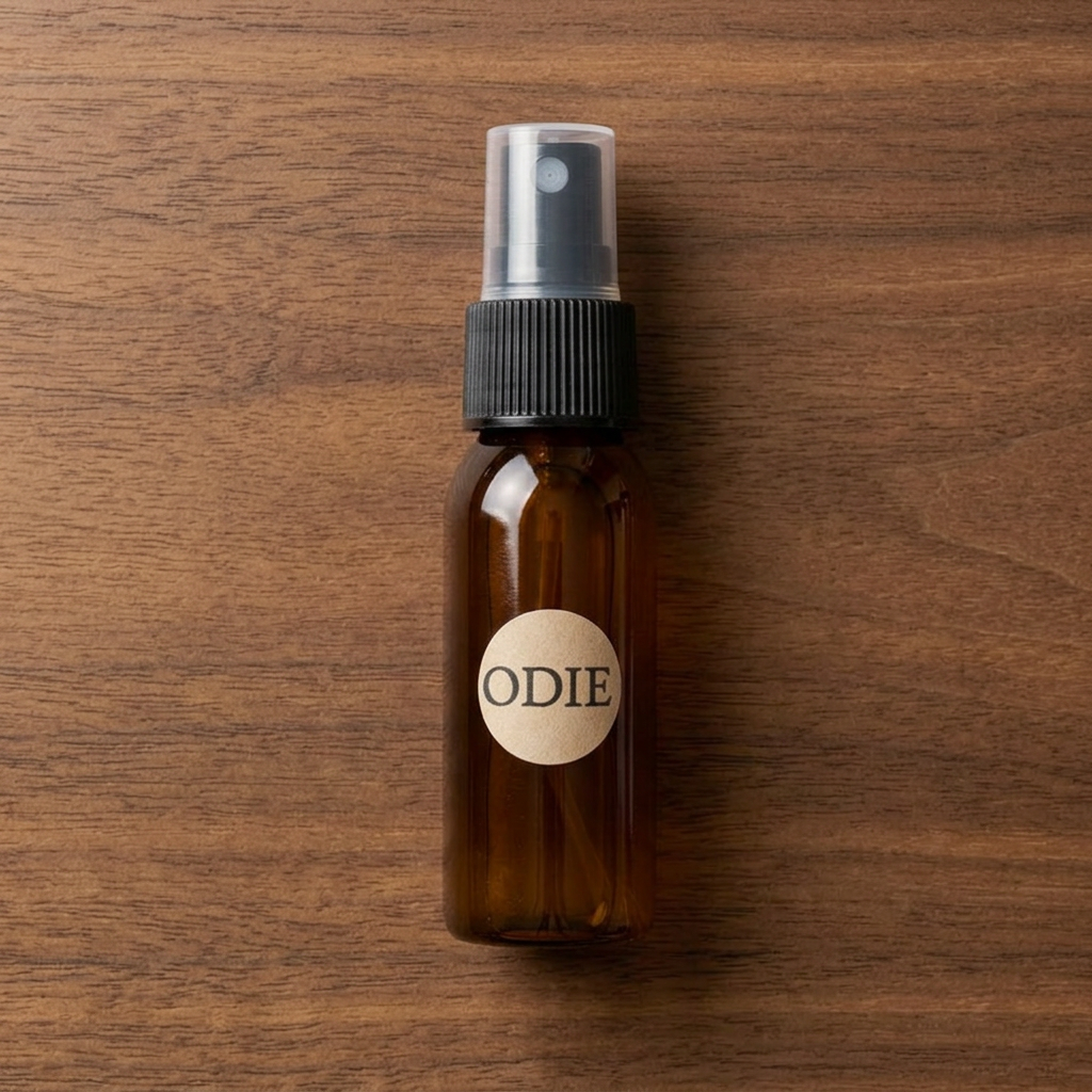 Brown plastic spray bottle with black nozzle and ODIE label on wooden surface