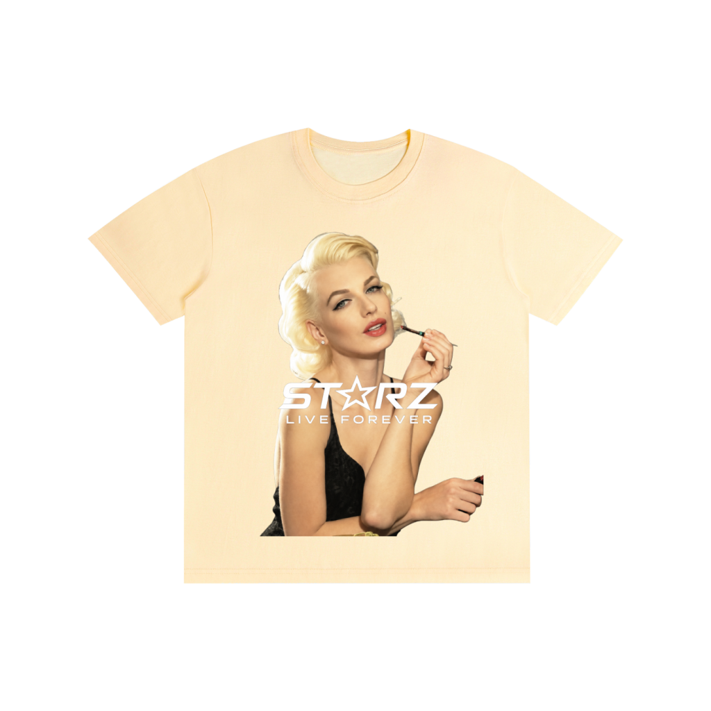 Cream Fixed Starz tee with a Marilyn Monroe portrait and the Starz Live Forever logo