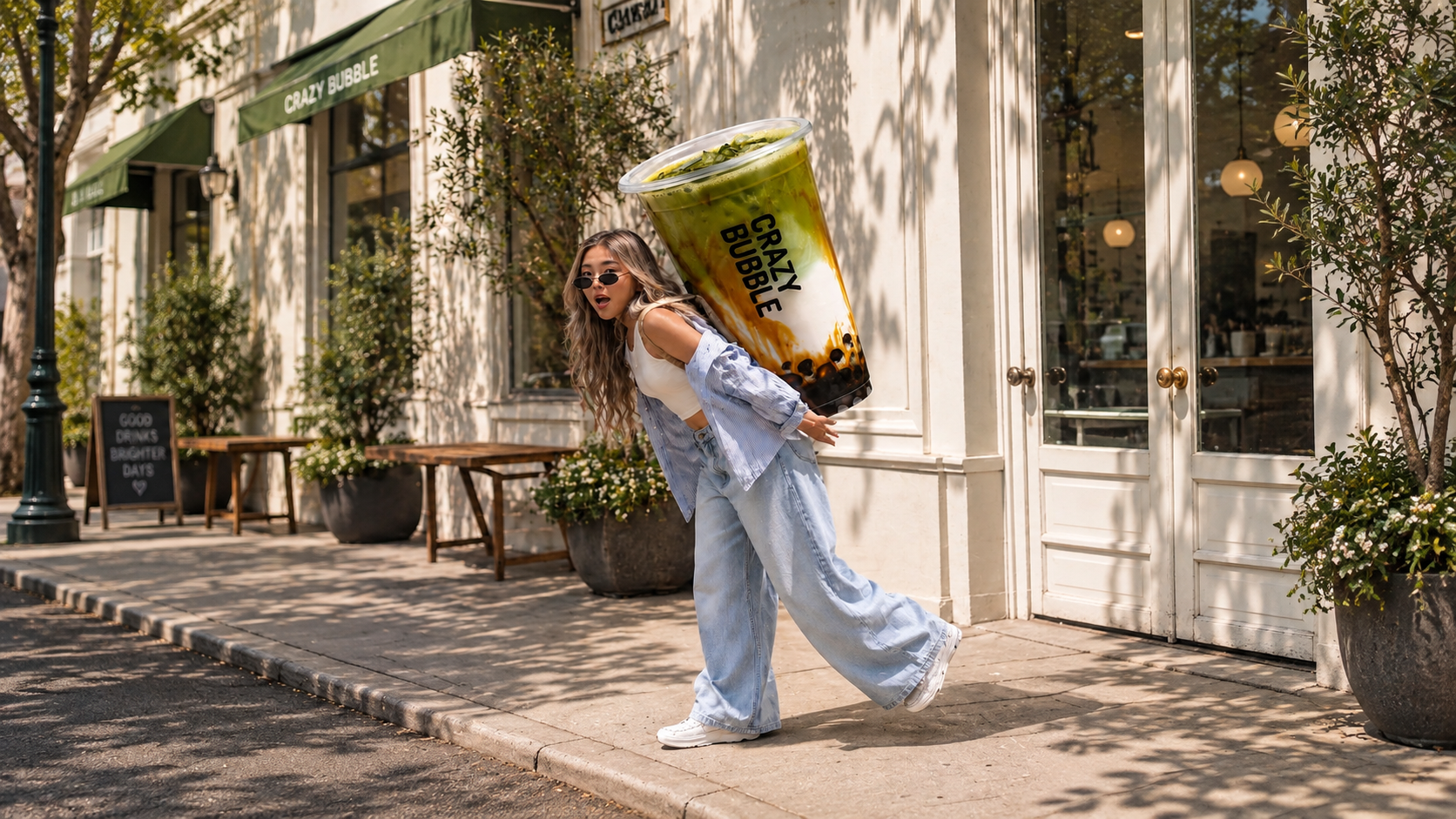 Person in white linen carrying a wire caddy with two bottled protein milkshakes