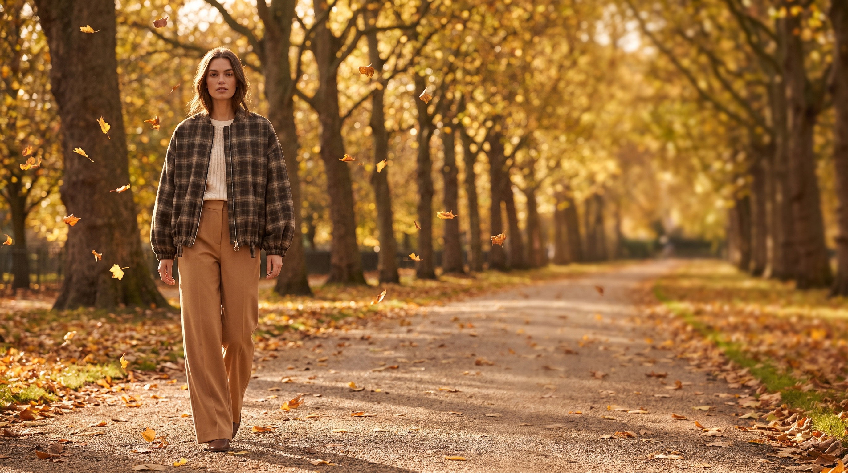Model walking down a leafy autumn avenue in a checked bomber jacket, cream knit and camel wide-leg trousers