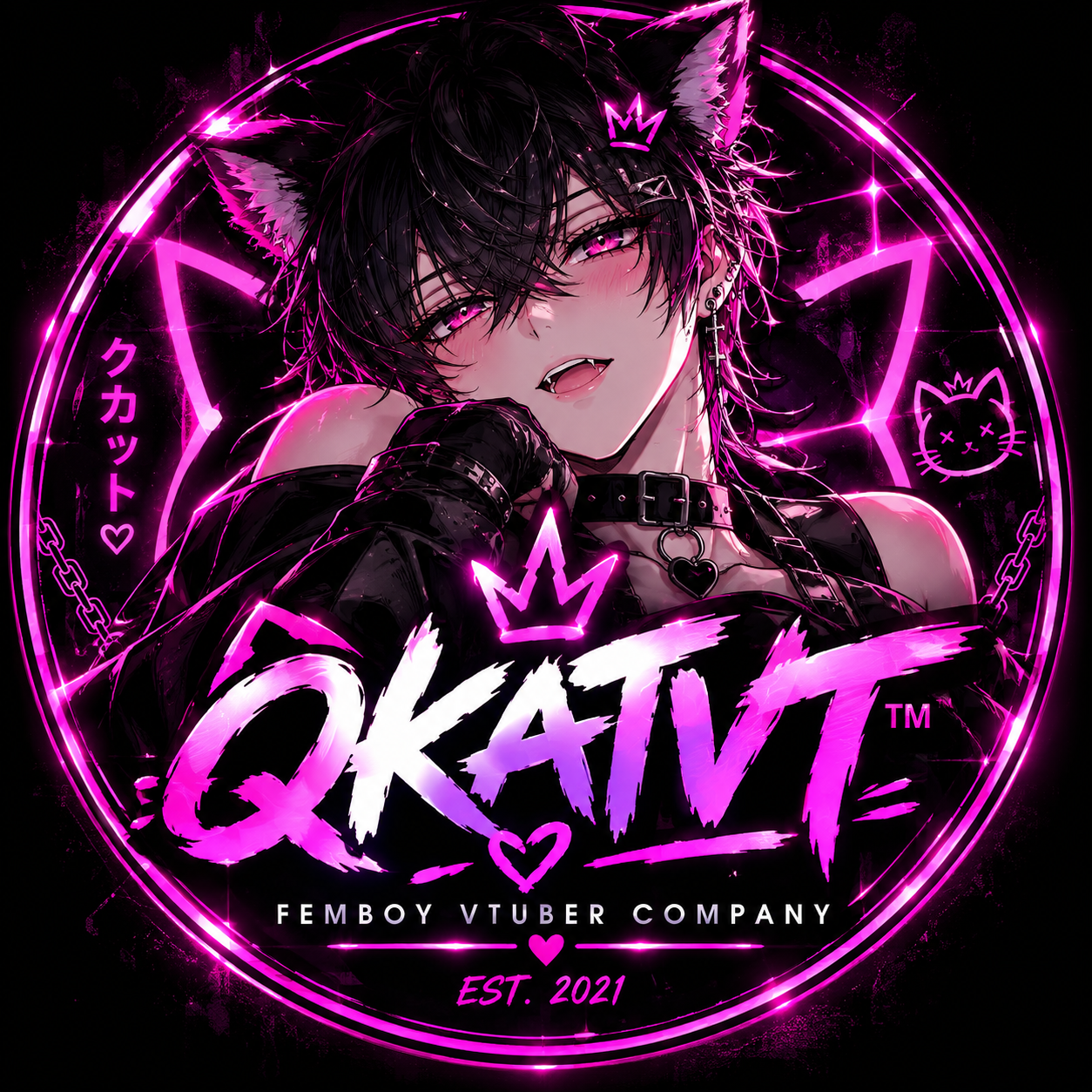 QKATVT profile badge: black-haired, cat-eared femboy VTuber with glowing pink eyes inside a neon pink crest reading Femboy VTuber Company, Est. 2021