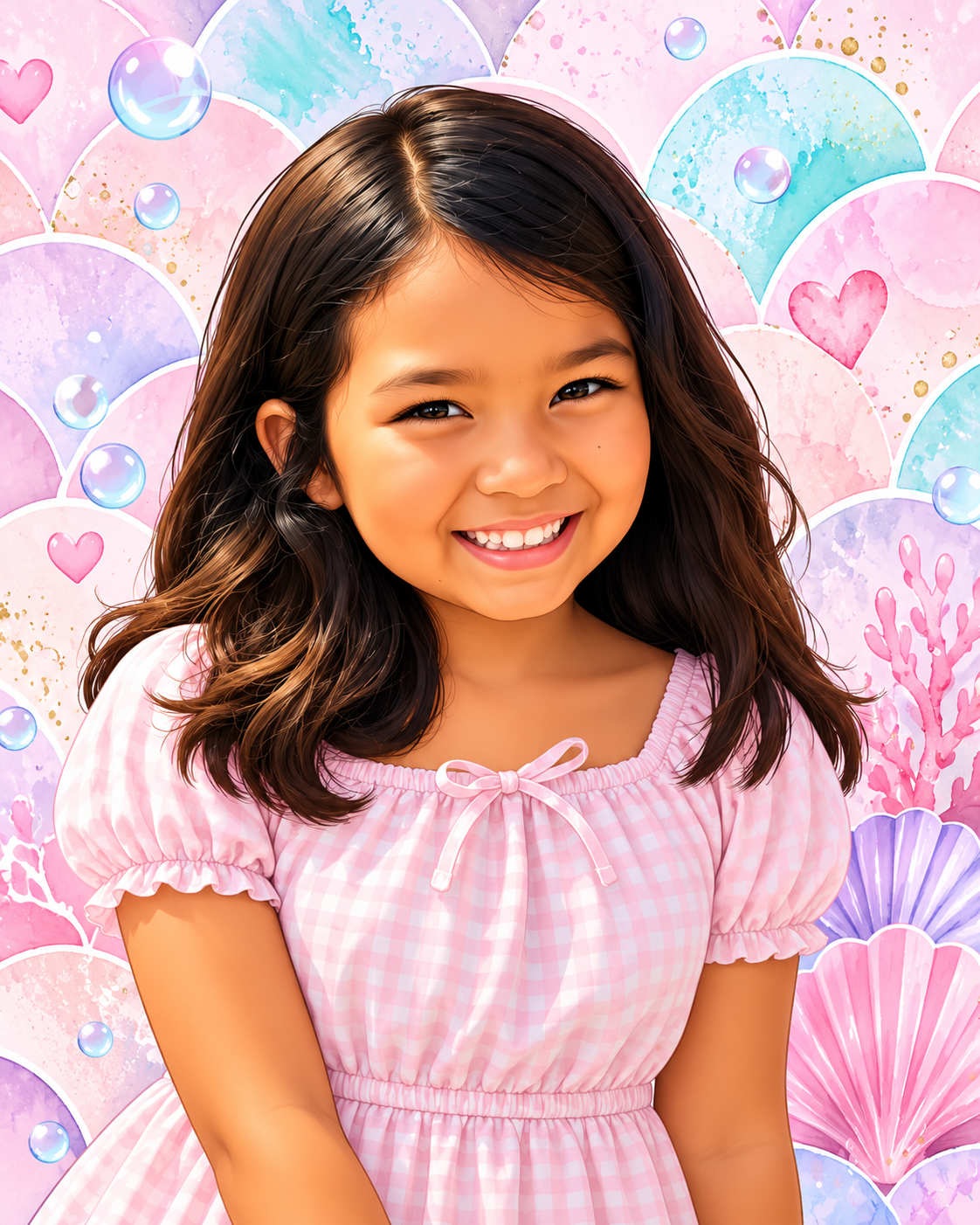 Sarah, the young founder of Sarah's Sugar Scrubs, smiling in a pink gingham dress in front of a pastel mermaid-scale backdrop with bubbles, hearts and seashells