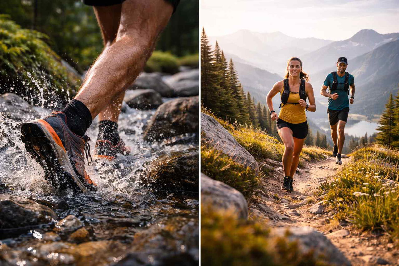 Close-up of a runner splashing through water; two people trail running on a mountain path.