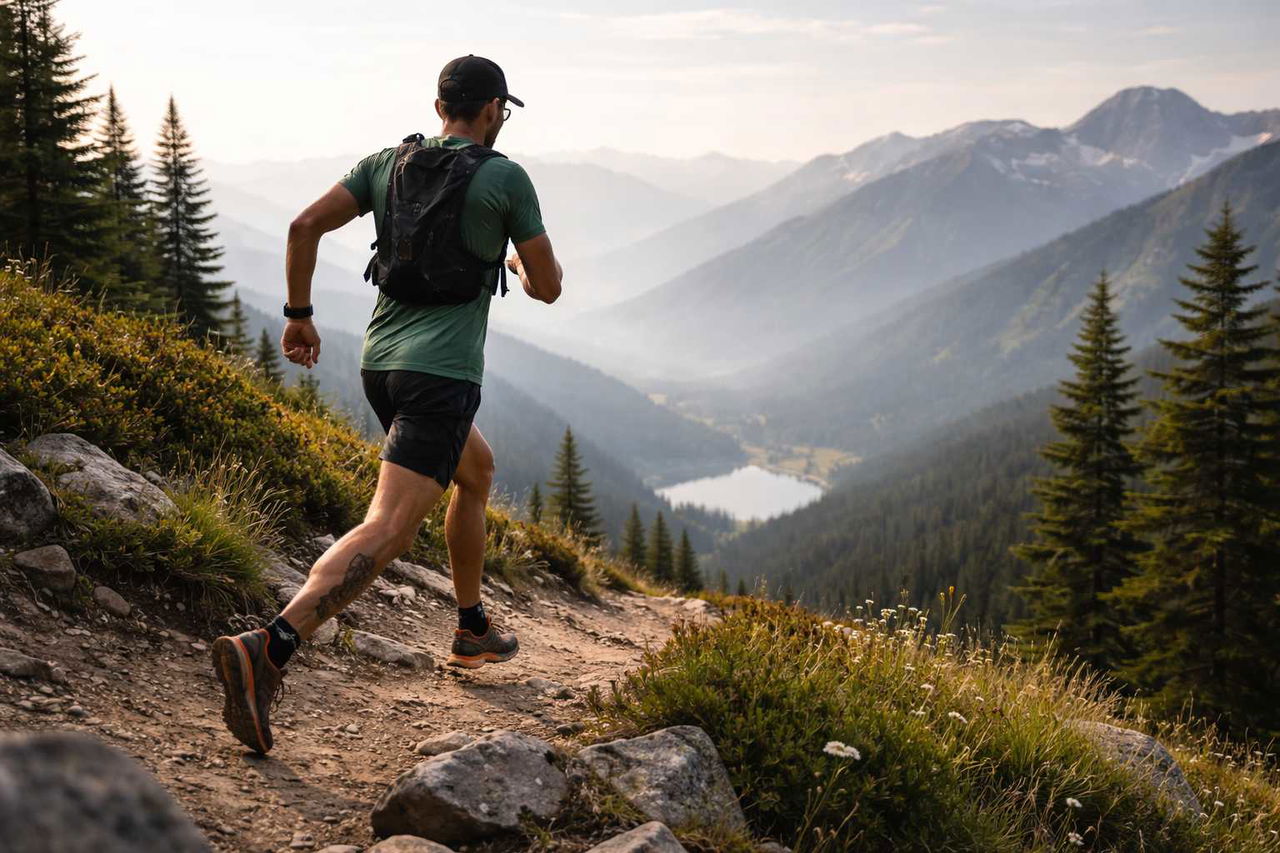 Hardloper op een bergachtig trailpad tijdens zonsopkomst met uitzicht op bergen.