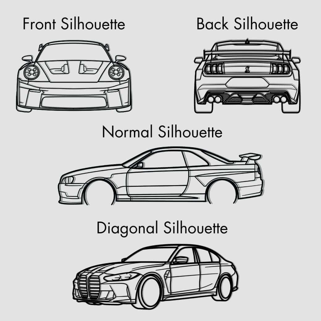 Line drawings of front, back, side and diagonal car silhouettes