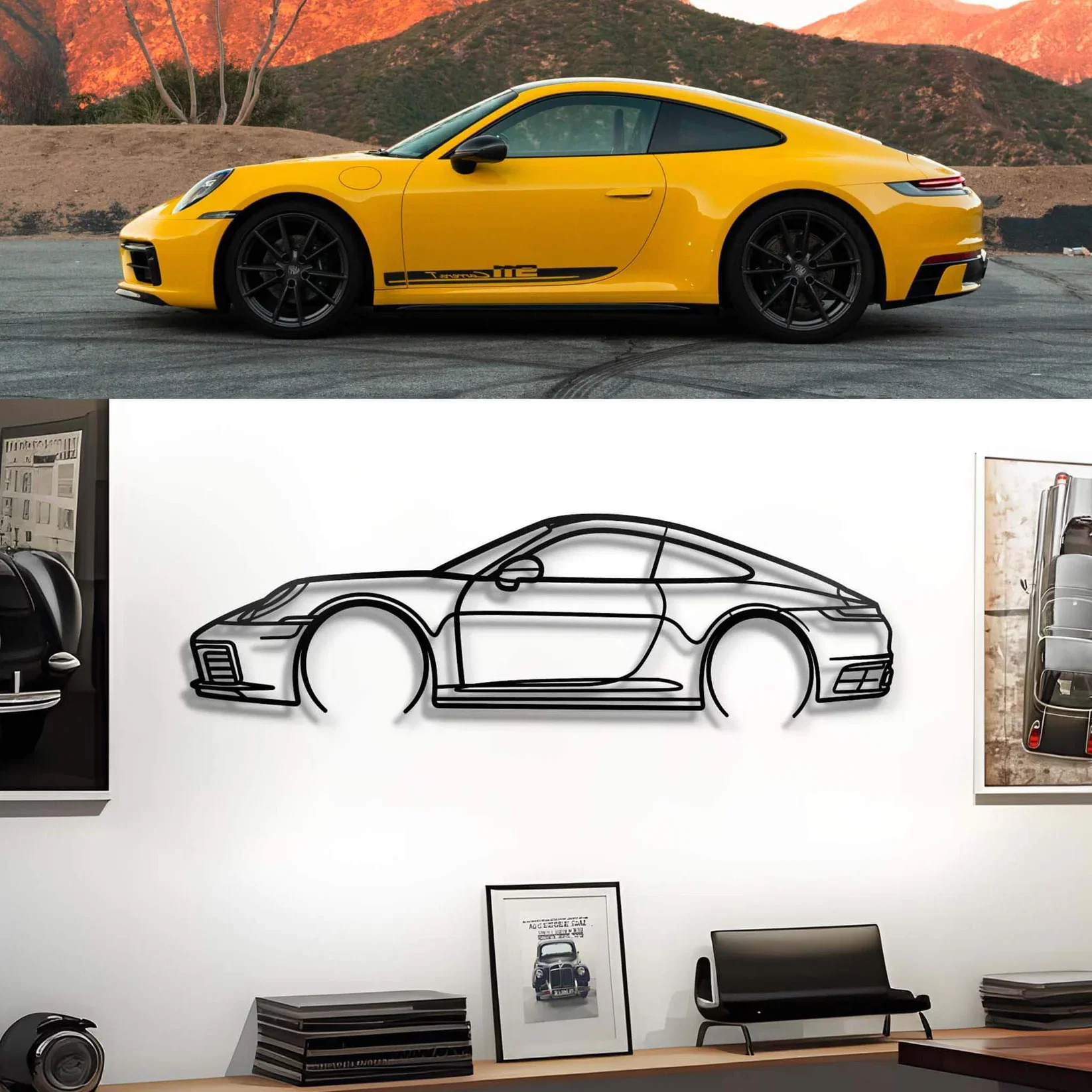 Yellow Porsche 911 above its matching black steel wall silhouette