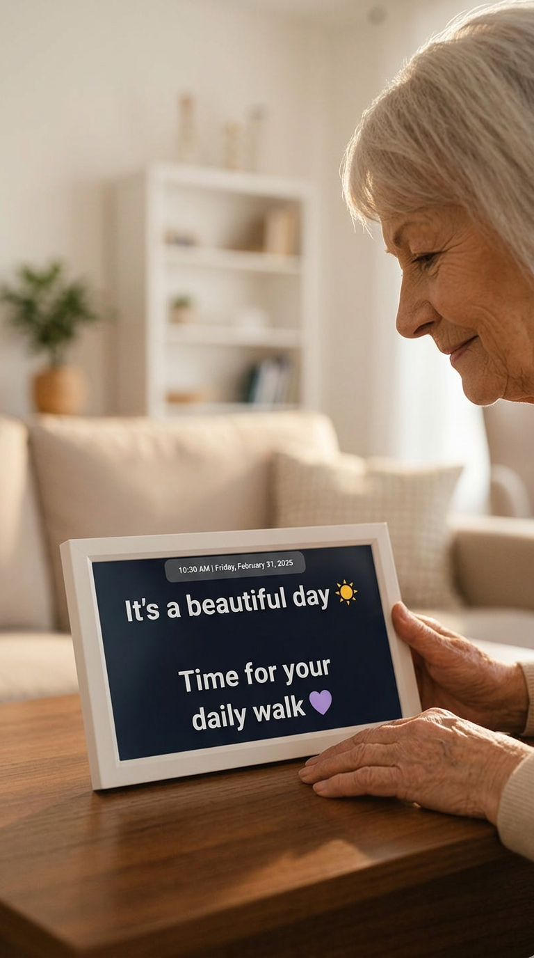 An elderly woman looking at a digital frame showing a reminder for a daily walk
