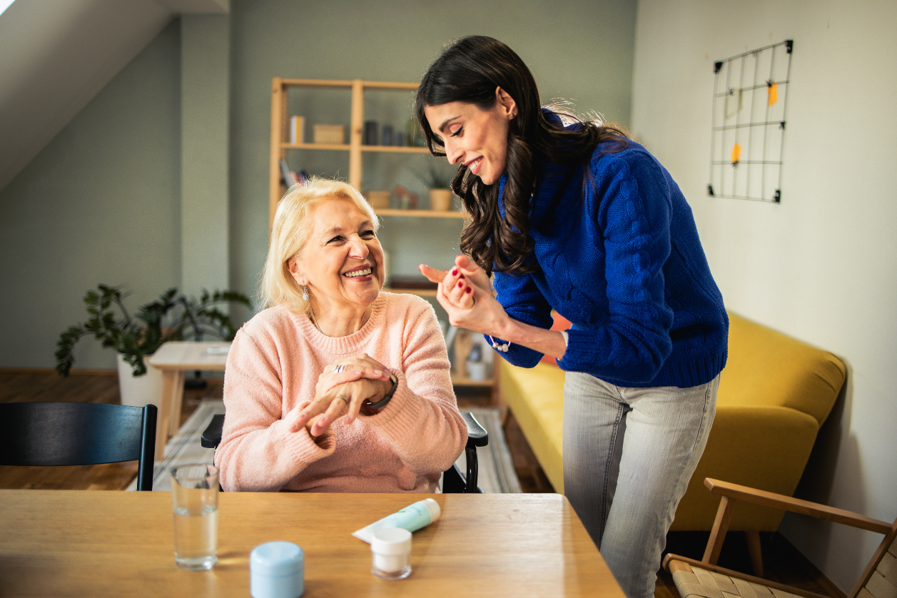Dementia patient and caregiving going through daily routine.