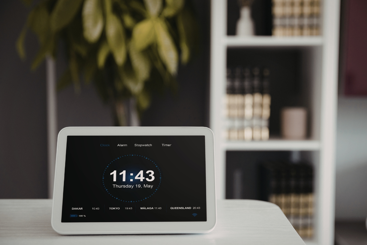 Large screen digital dementia clock on a kitchen counter