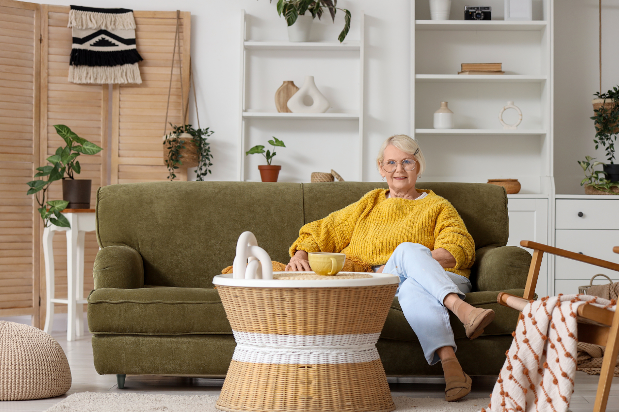 Older adult in a living room looking at Memoryboard alternatives
