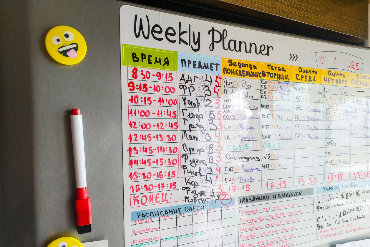 Dementia whiteboard in a kitchen with notes and reminders