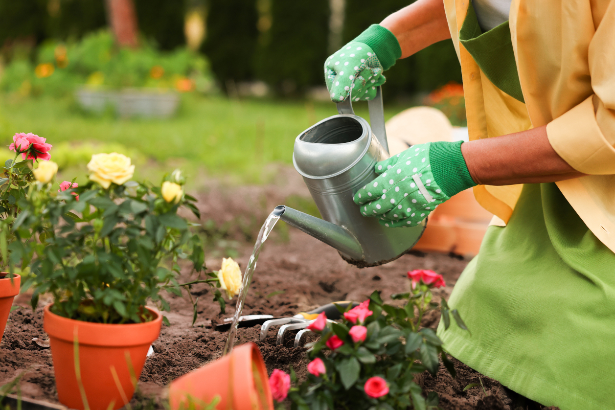 Somebody with dementia is in the garden, going through a daily routine.