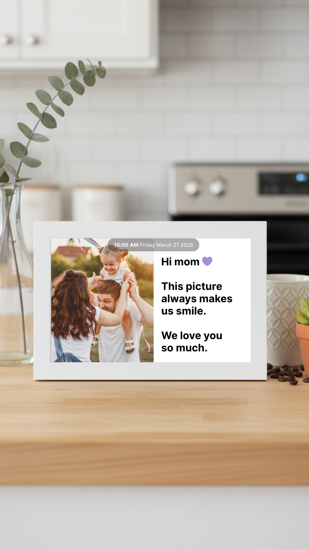 Memoryboard on a kitchen counter with a photo and text side by side on it.