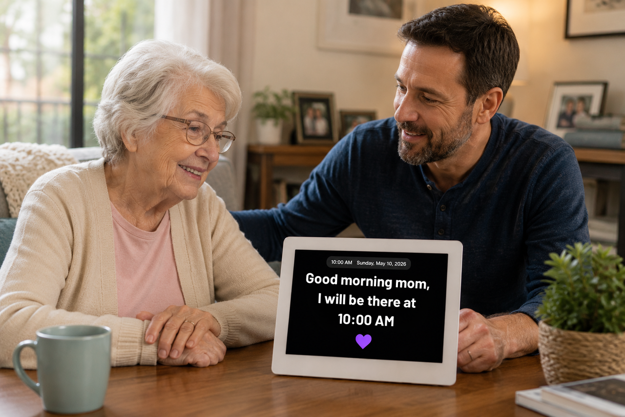 Smiling man and elderly woman looking at the Memoryboard with a morning message displayed