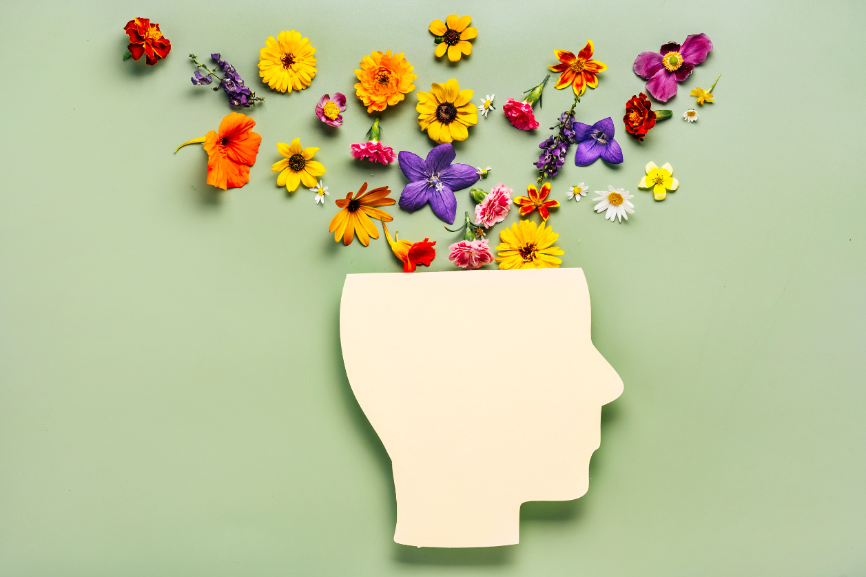 Image of a head with flowers coming out of the top to show daily habits and brain health.