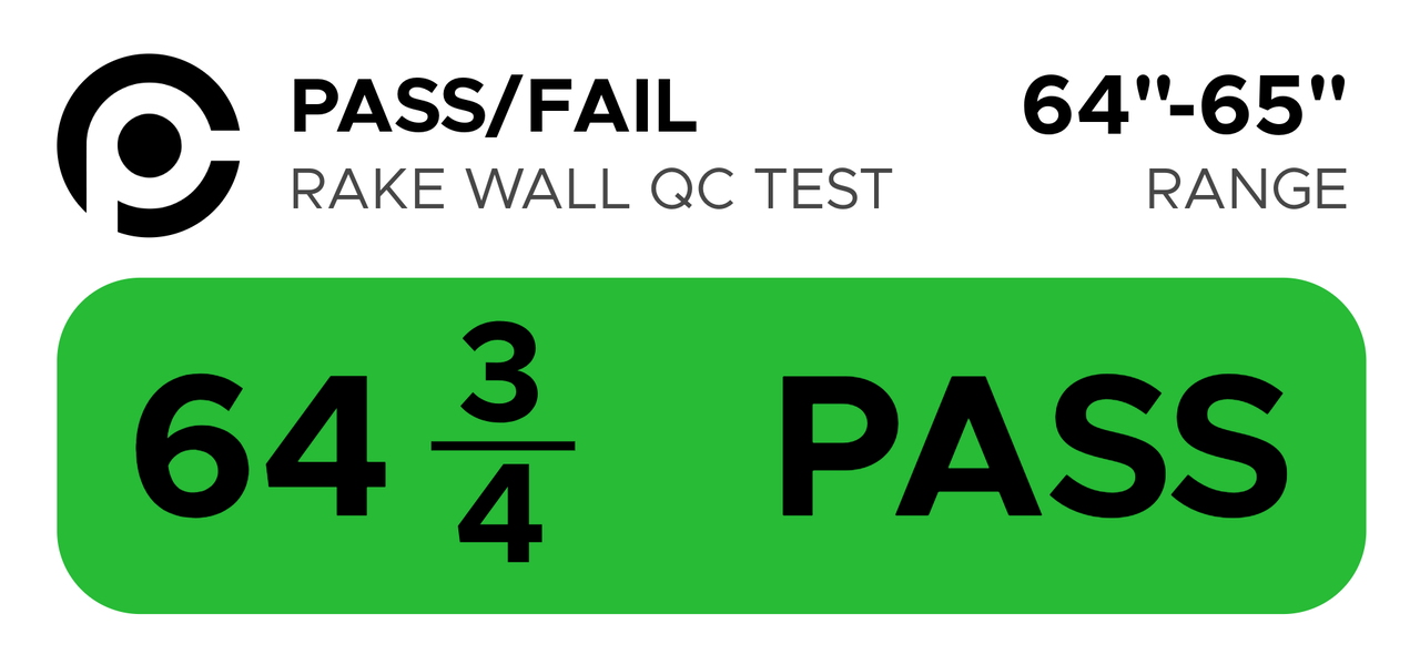 Pass/fail test label showing a pass result with measurement 64 3/4 in range 64 to 65 inches