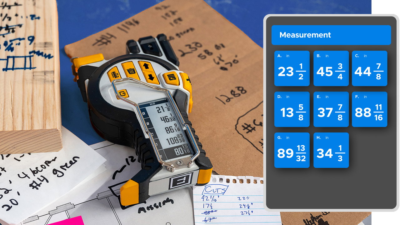 REEKON digital tape measure saving measurements to a digital list instead of writing on a 2x4