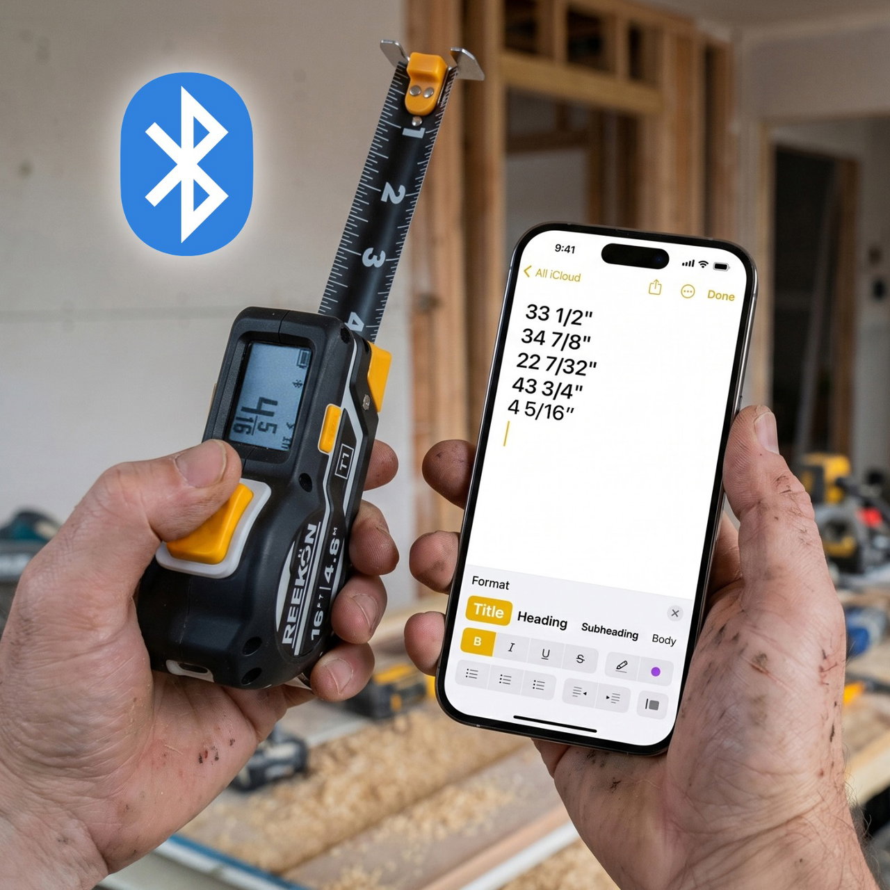 REEKON T1M Utility digital tape measure sharing a measurement over Bluetooth to a phone
