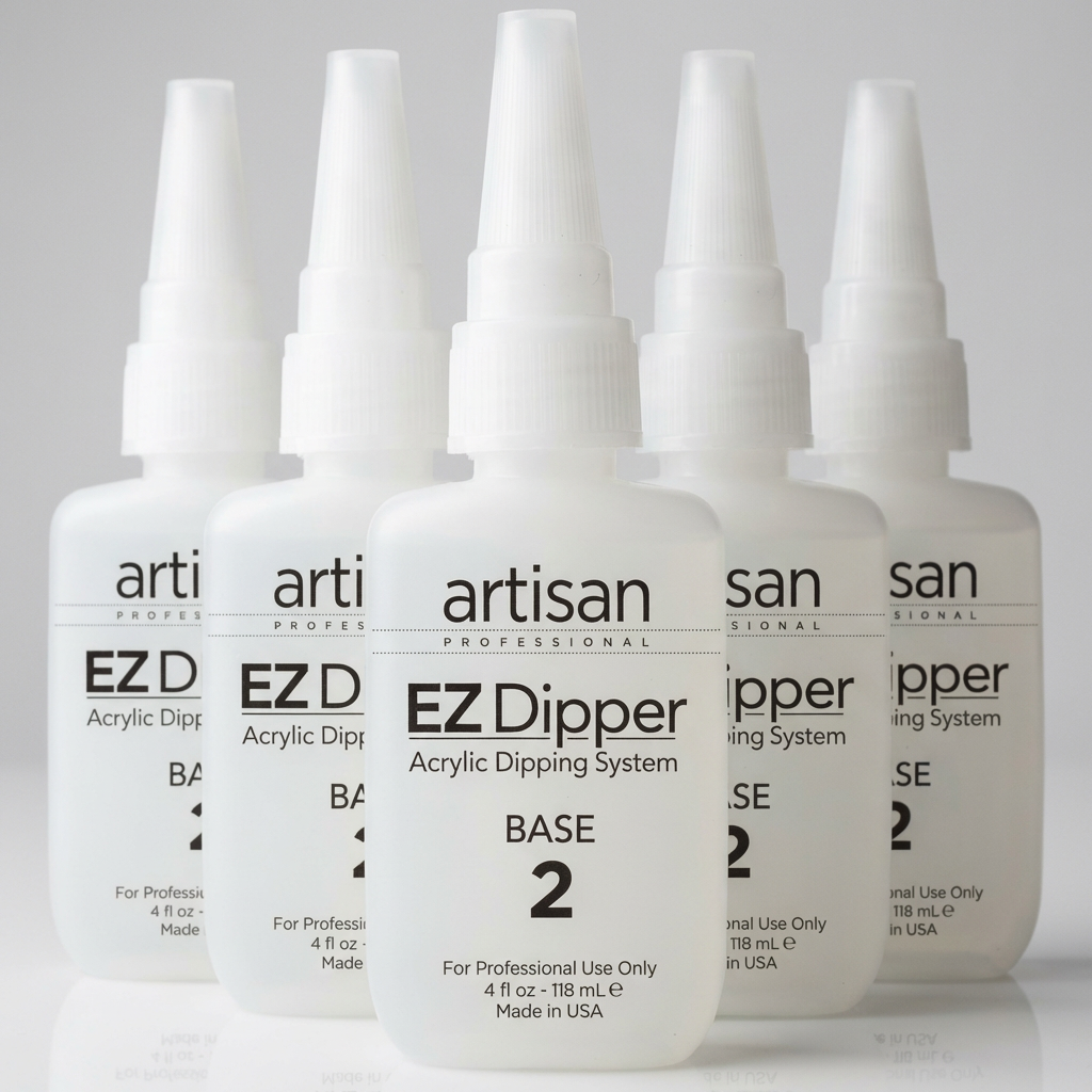 Five translucent white bottles of Artisan EZ Dipper acrylic dipping system base arranged in a row