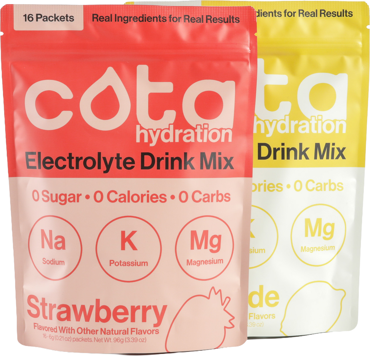 Strawberry and lemonade flavored Cota Hydration electrolyte bags