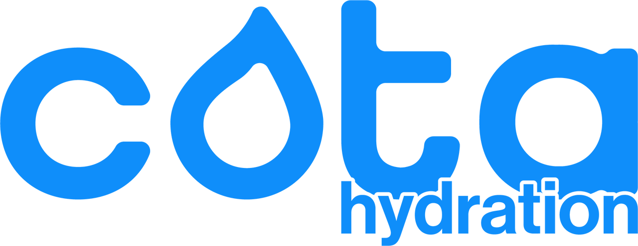 Logo with the word "cota" where the "o" is a water drop, and "hydration" below "ta".