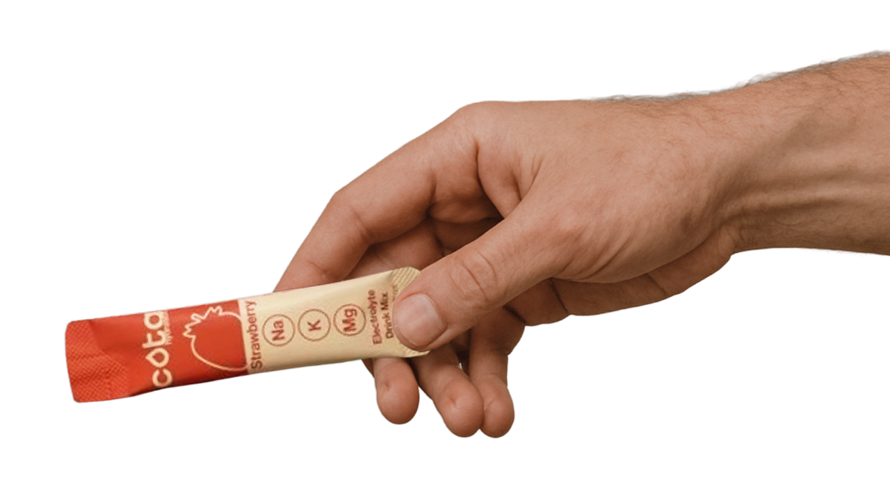 Hand holding Cota Hydration strawberry electrolyte packet