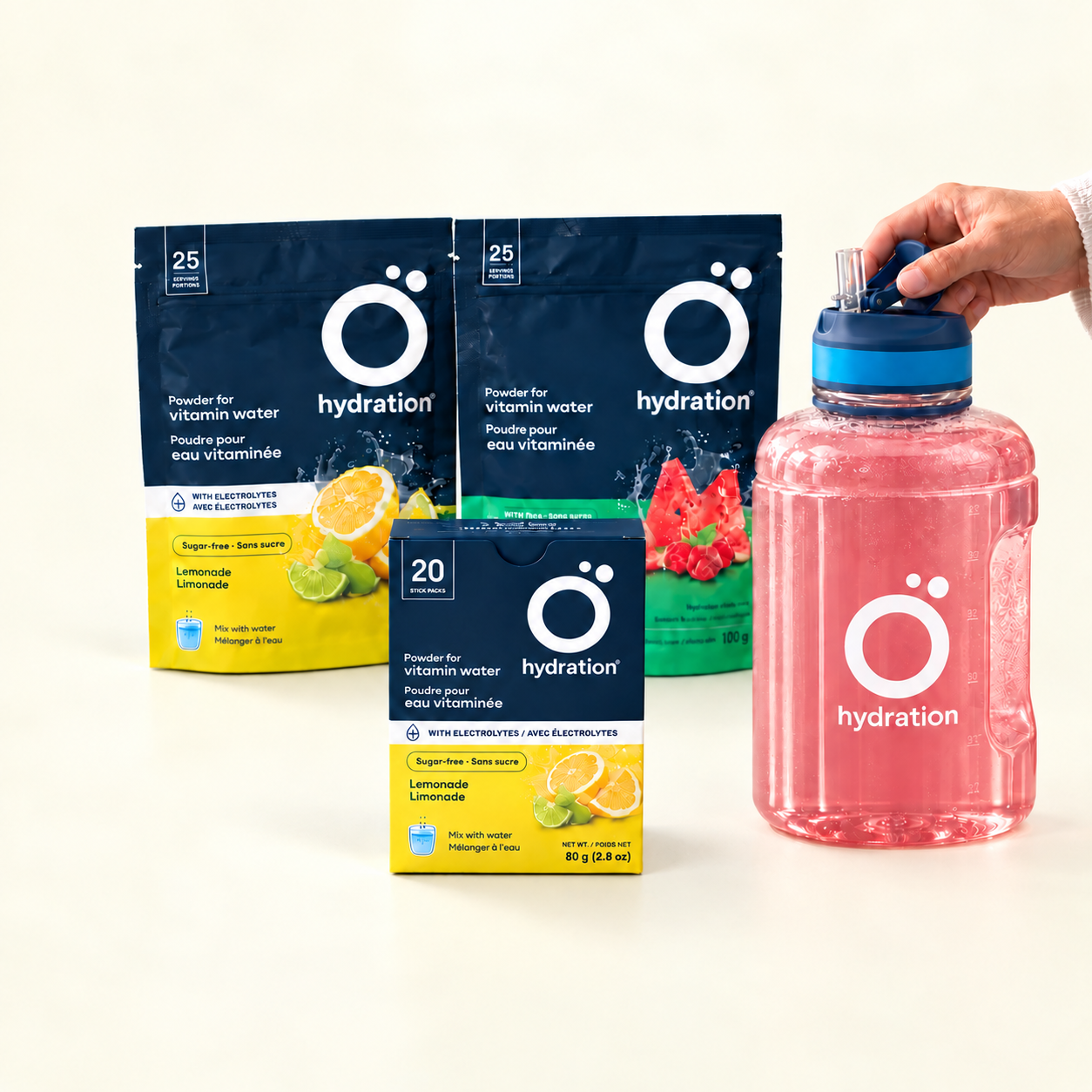 Deux sachets de poudre, une boîte de 20 sticks et la bouteille de 2,5 L incluse