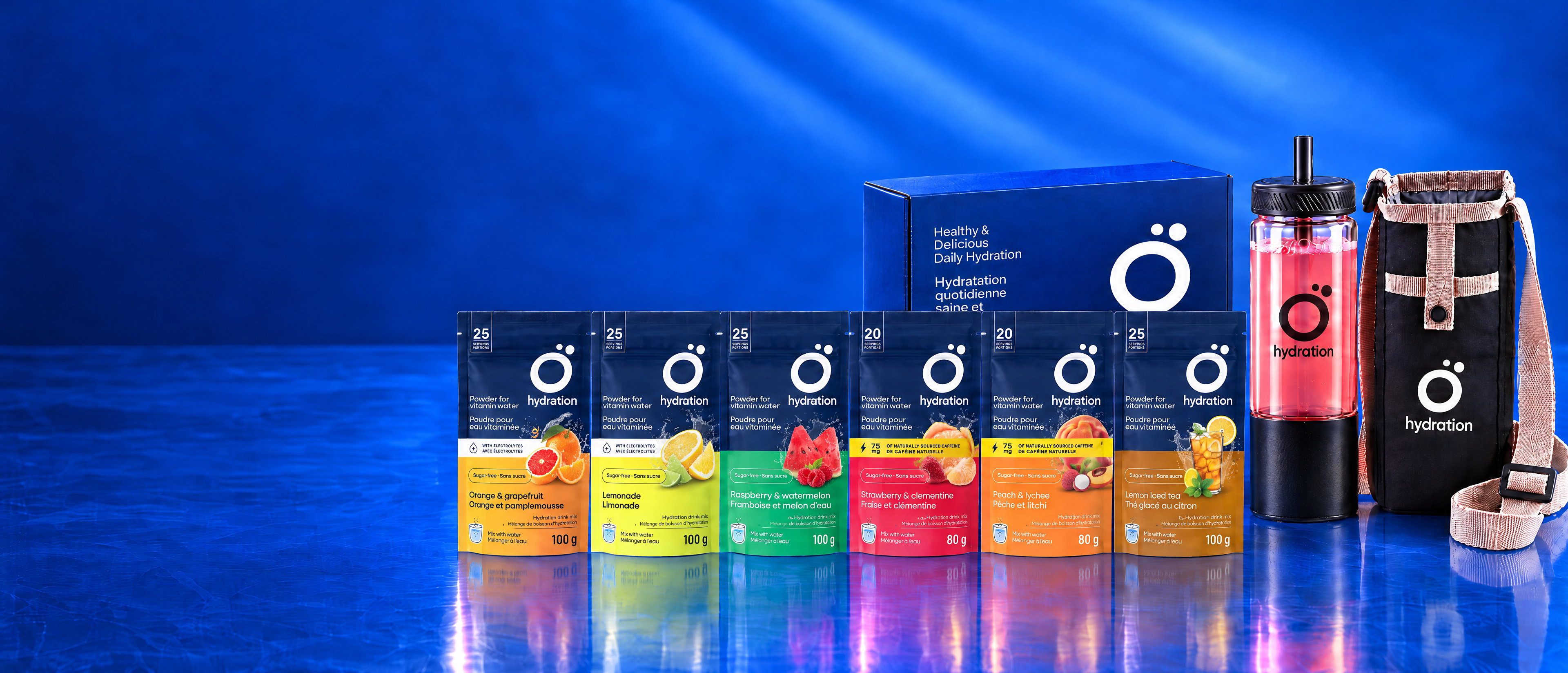 Le coffret aux six saveurs, sa bouteille Ö 1,5 L et son porte-bouteille