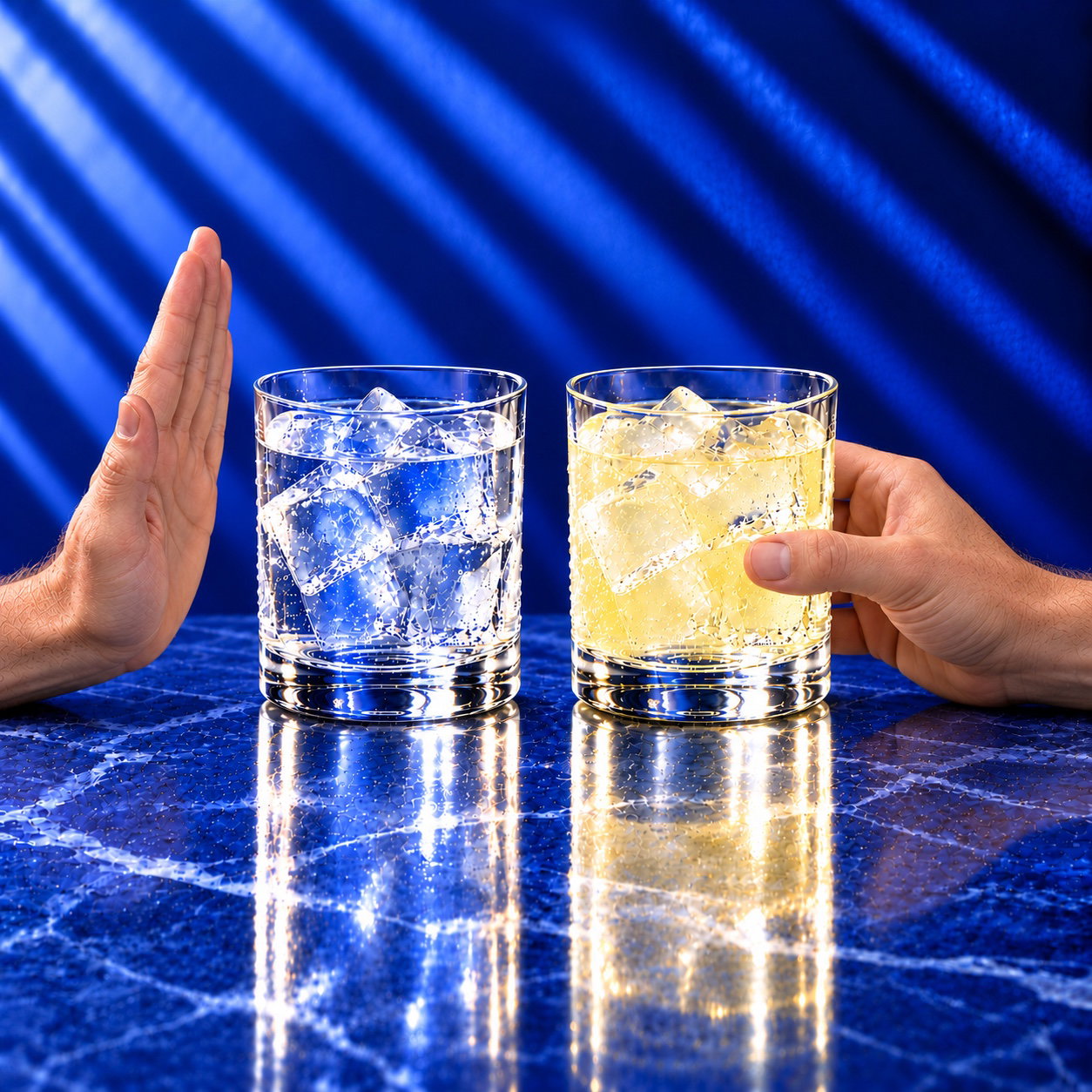 Deux verres identiques : main en signe stop devant l’eau seule, main tenant la boisson Ö